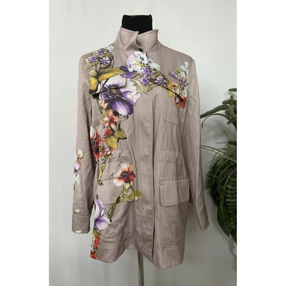 Chico's Satin Floral Buttercream Beige Zip Snap Front Utility Jacket‎ Sz 2/L